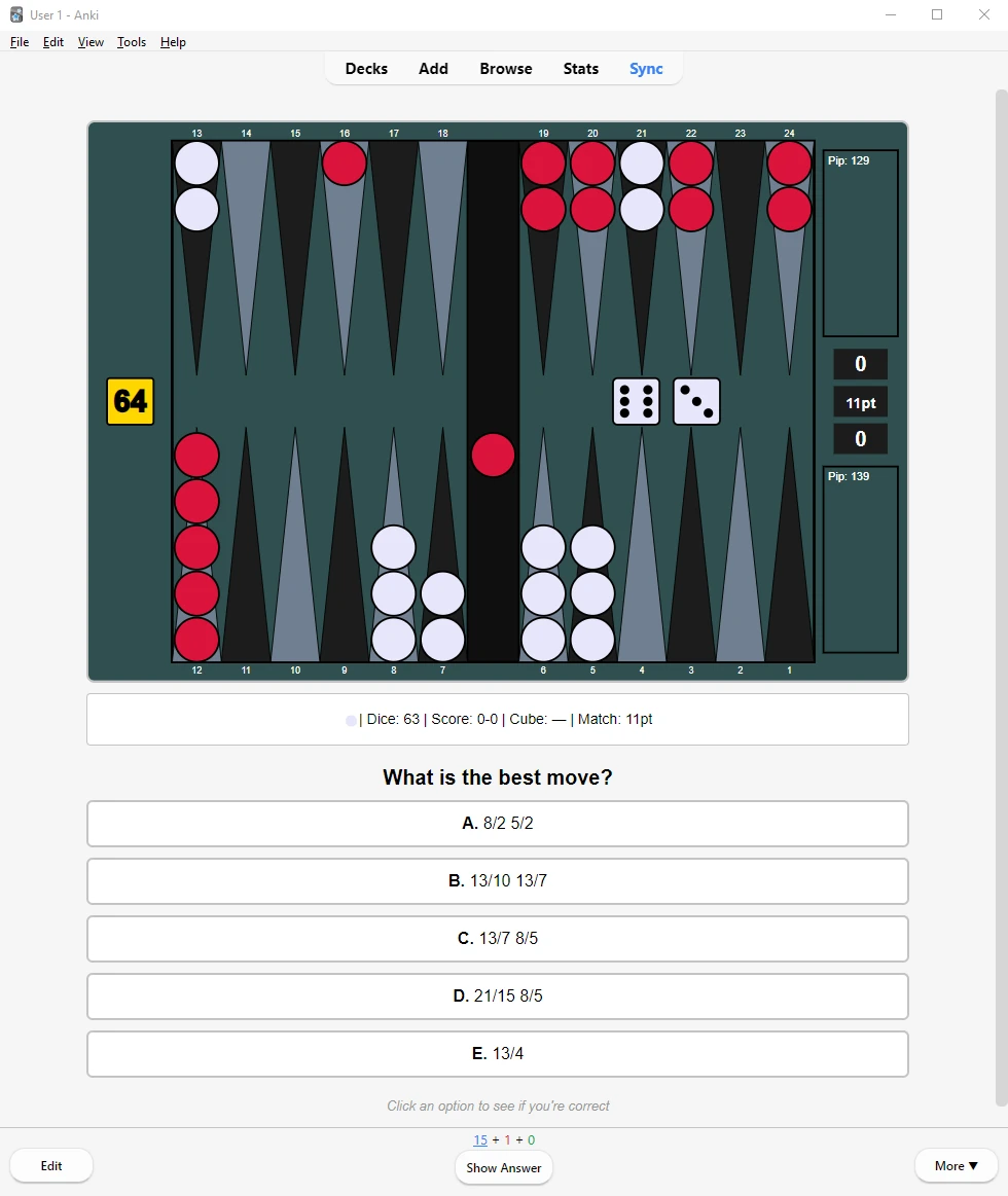Anki flashcard front with backgammon position and multiple choice