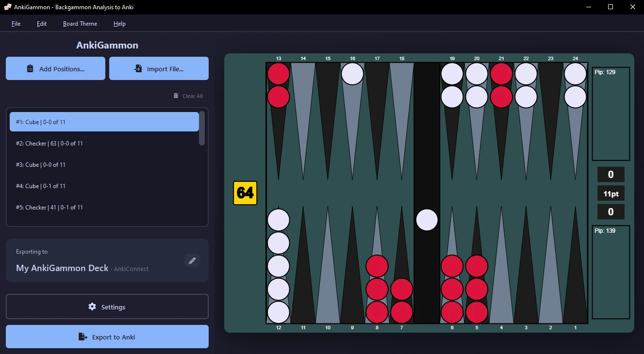 AnkiGammon main window with imported positions