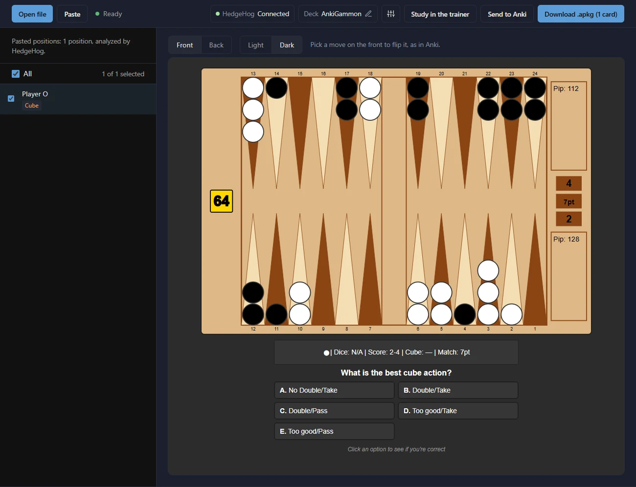 AnkiGammon web app in the browser with HedgeHog connected, showing a cube decision flashcard from a pasted XGID
